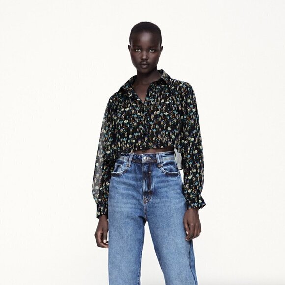 ZARA Cropped Floral Print Blouse - Picture 1 of 9